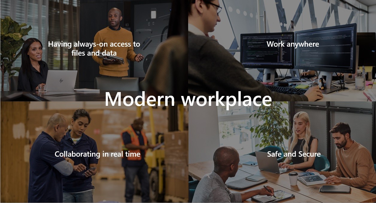 Modern Workplace: Having always-on access to files and data; Work anywhere; Collaborating in real time; Safe and Secure